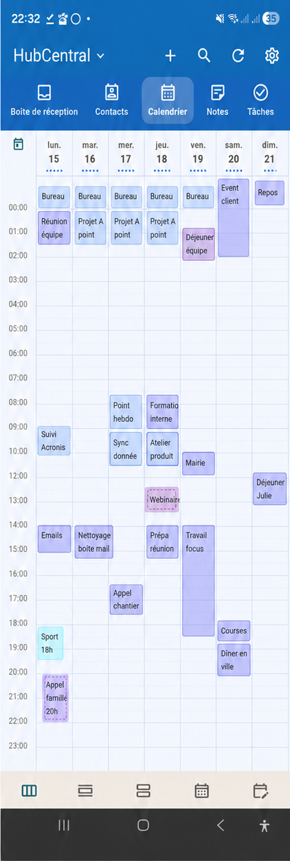 HubCentral mobile — calendrier